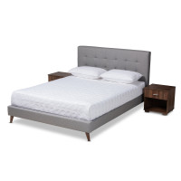 Baxton Studio CF9058-Light Grey-Queen Maren Mid-Century Modern Light Grey Fabric Upholstered Queen Size Platform Bed with Two Nightstands